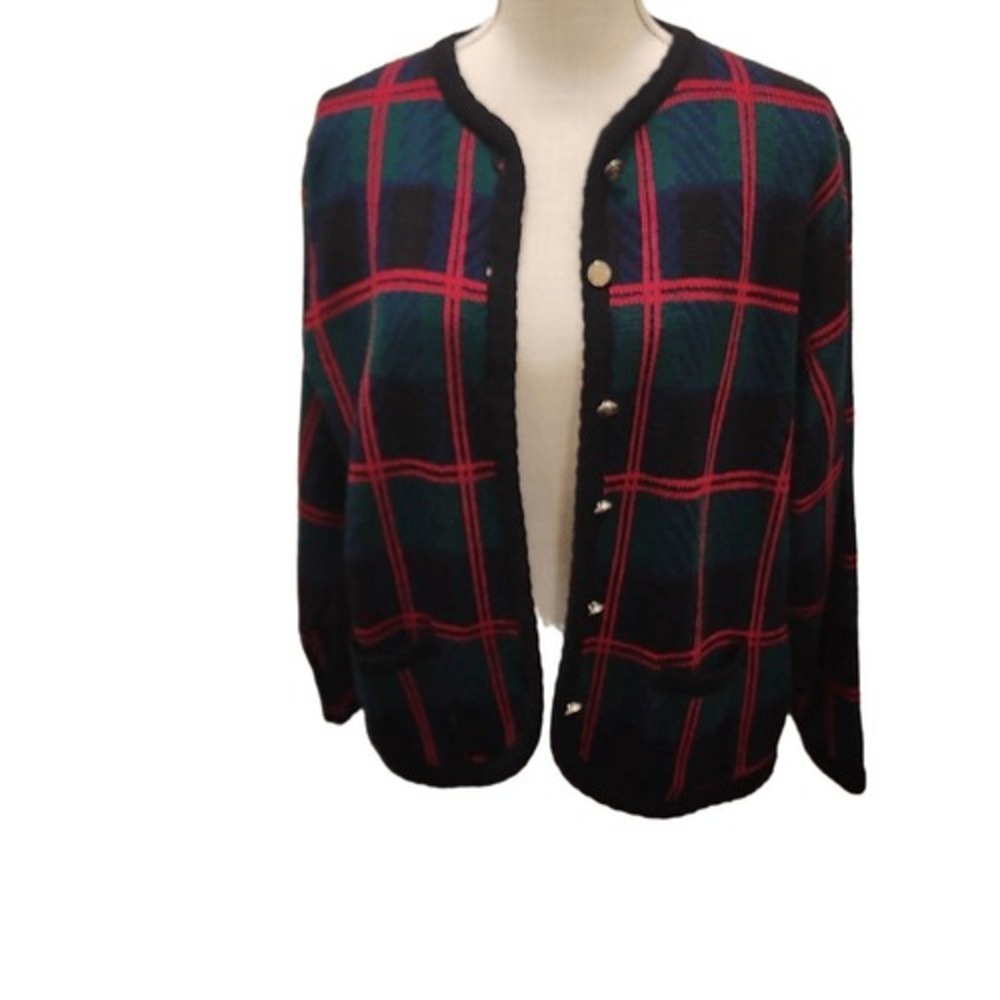 Vintage Tally-Ho Plaid Cardigan Sweater Medium Red Green Blue Crest Buttons 90s - Picture 3 of 12